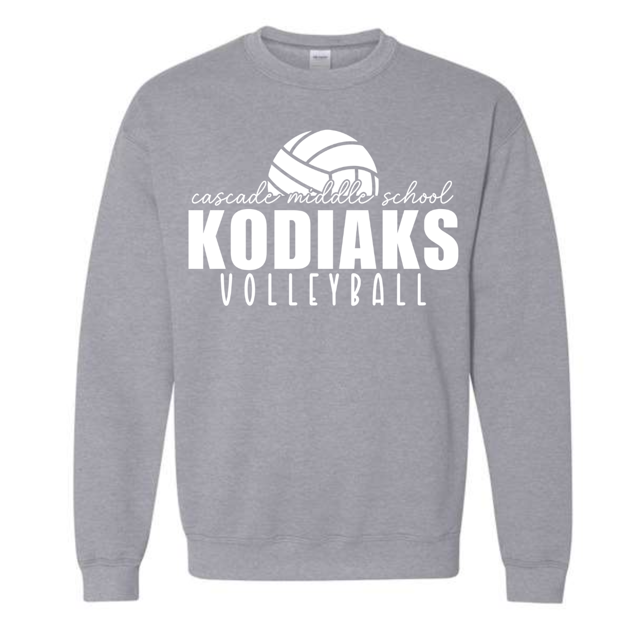 Gray sweatshirt with 'Kodiaks Volleyball' text and volleyball graphic on a white background