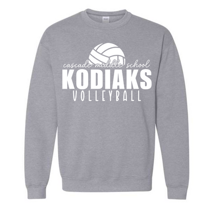 Gray sweatshirt with 'Kodiaks Volleyball' text and volleyball graphic on a white background